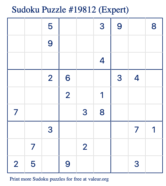 Free Printable Expert Sudoku Puzzle number 19812