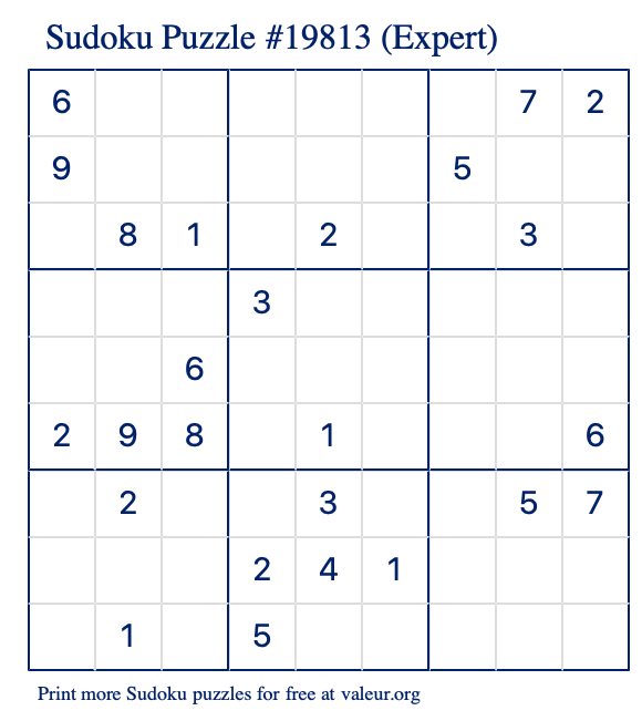 Free Printable Expert Sudoku Puzzle number 19813