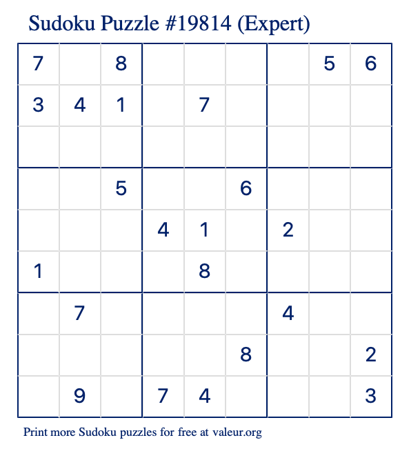 Free Printable Expert Sudoku Puzzle number 19814