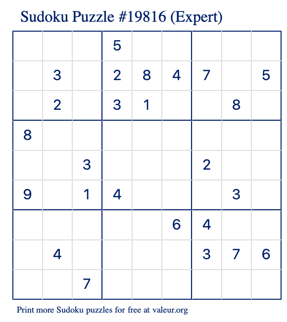 Free Printable Expert Sudoku Puzzle number 19816