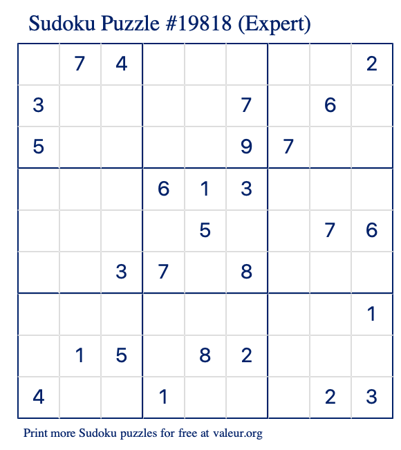 Free Printable Expert Sudoku Puzzle number 19818