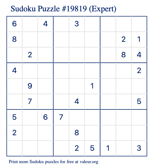 Free Printable Expert Sudoku Puzzle number 19819