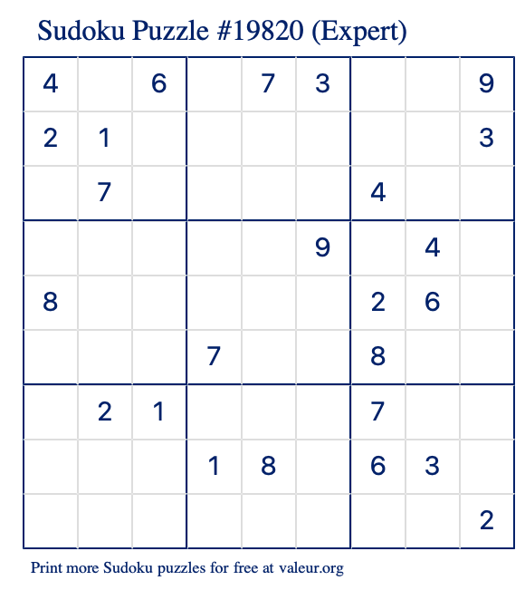 Free Printable Expert Sudoku Puzzle number 19820