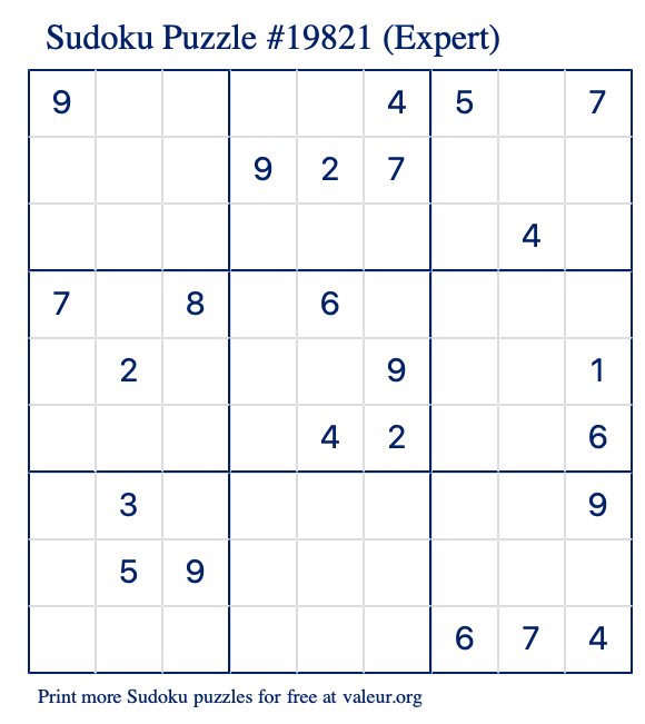 Free Printable Expert Sudoku Puzzle number 19821