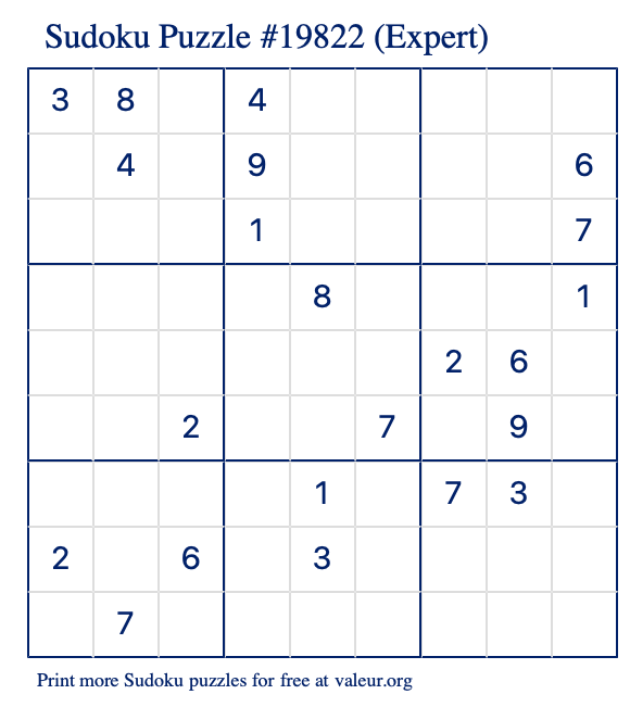 Free Printable Expert Sudoku Puzzle number 19822