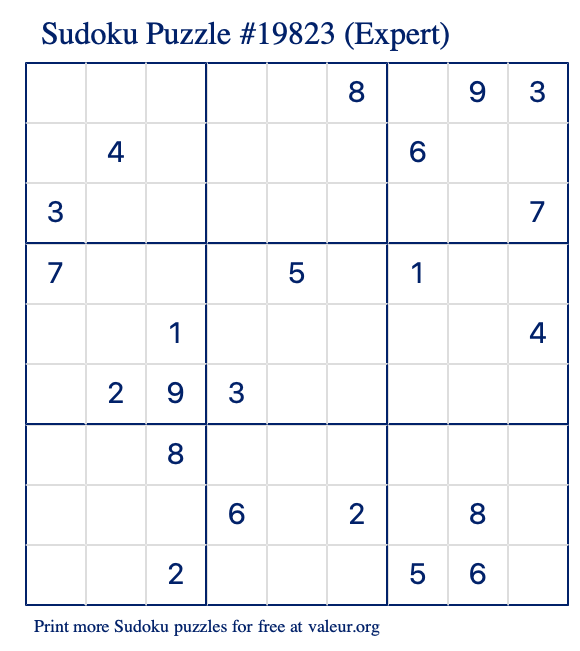 Free Printable Expert Sudoku Puzzle number 19823