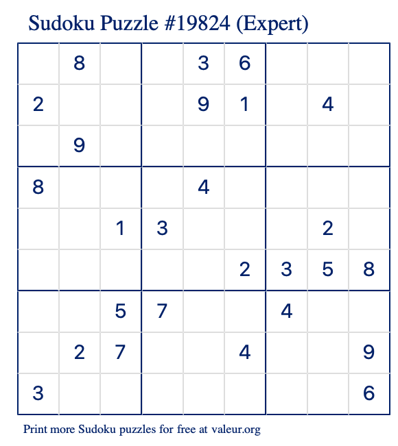 Free Printable Expert Sudoku Puzzle number 19824