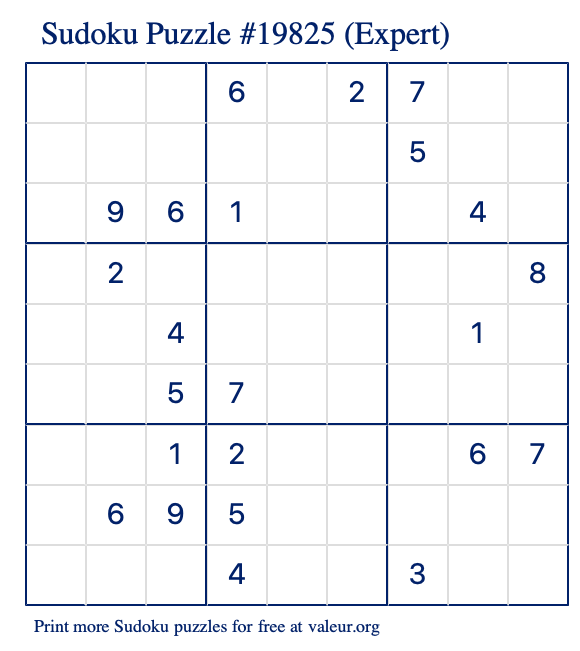 Free Printable Expert Sudoku Puzzle number 19825
