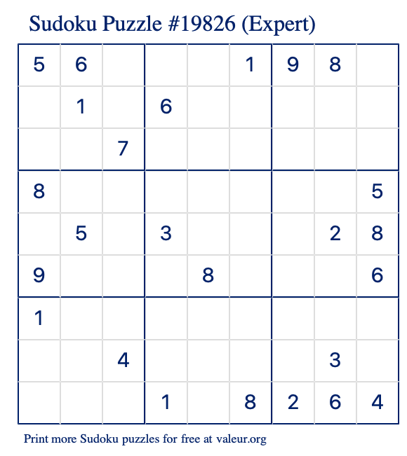 Free Printable Expert Sudoku Puzzle number 19826