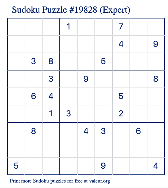 Free Printable Expert Sudoku Puzzle number 19828