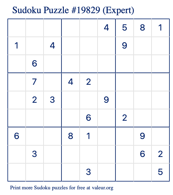 Free Printable Expert Sudoku Puzzle number 19829