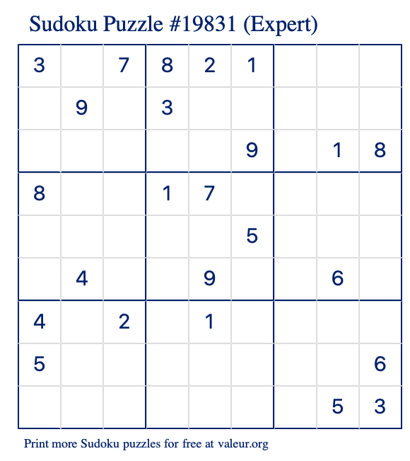Free Printable Expert Sudoku Puzzle number 19831