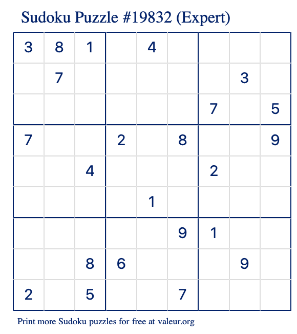 Free Printable Expert Sudoku Puzzle number 19832
