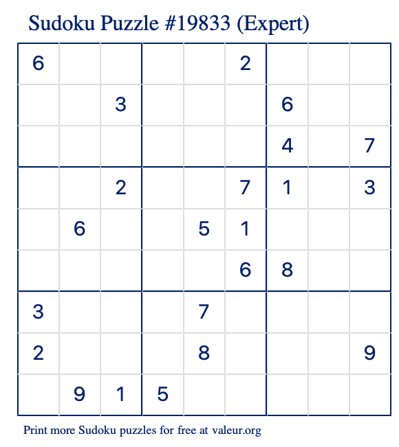 Free Printable Expert Sudoku Puzzle number 19833