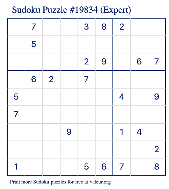 Free Printable Expert Sudoku Puzzle number 19834