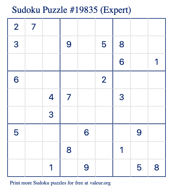 Free Printable Expert Sudoku Puzzle number 19835