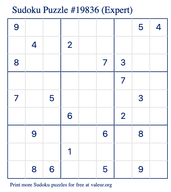 Free Printable Expert Sudoku Puzzle number 19836