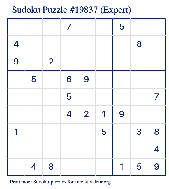 Free Printable Expert Sudoku Puzzle number 19837