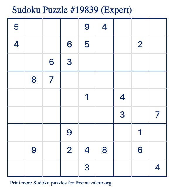 Free Printable Expert Sudoku Puzzle number 19839