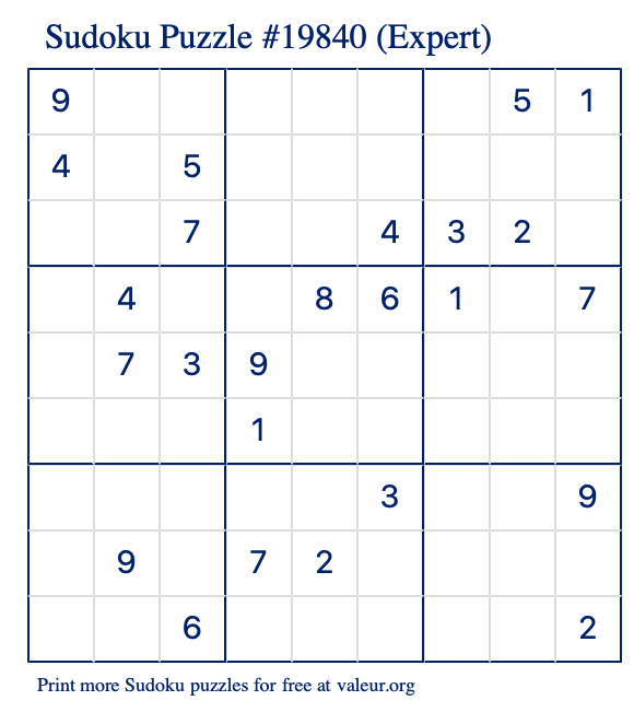 Free Printable Expert Sudoku Puzzle number 19840