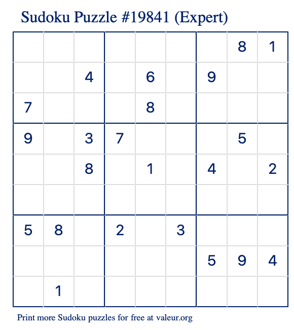 Free Printable Expert Sudoku Puzzle number 19841