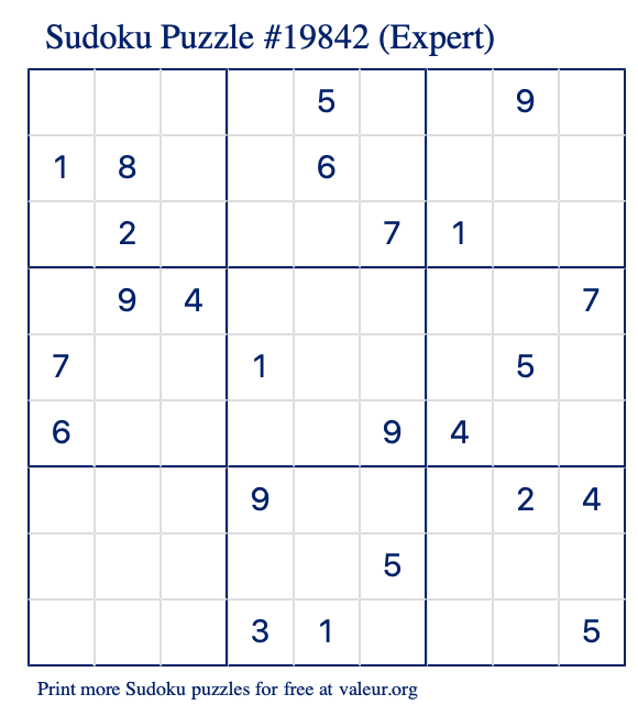 Free Printable Expert Sudoku Puzzle number 19842
