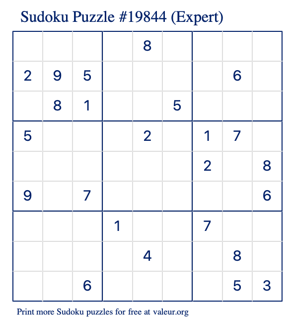 Free Printable Expert Sudoku Puzzle number 19844