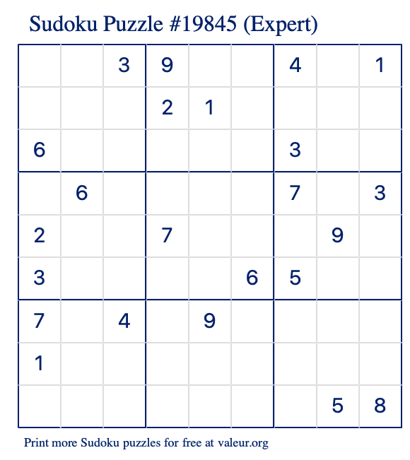 Free Printable Expert Sudoku Puzzle number 19845