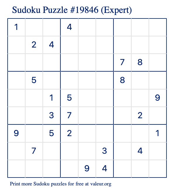 Free Printable Expert Sudoku Puzzle number 19846