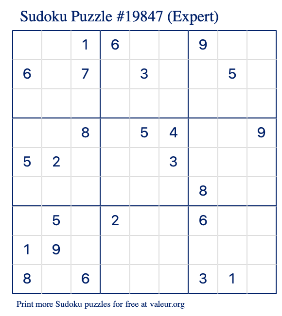 Free Printable Expert Sudoku Puzzle number 19847