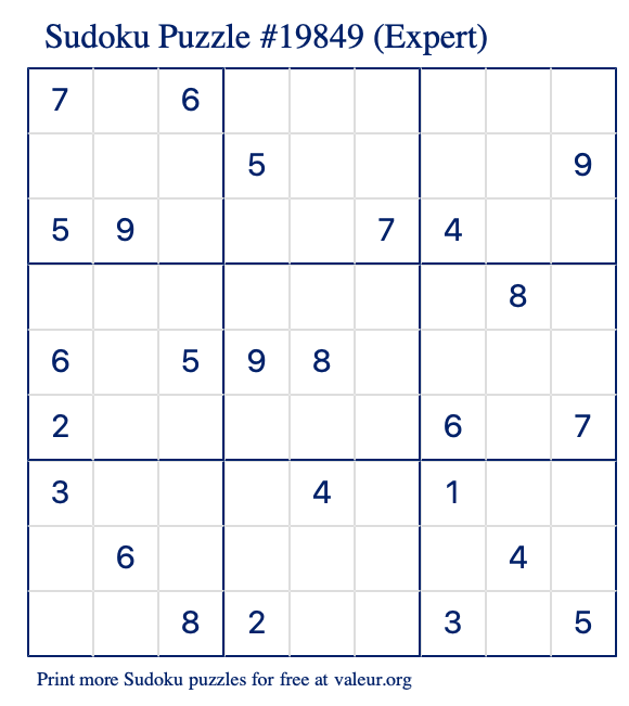 Free Printable Expert Sudoku Puzzle number 19849