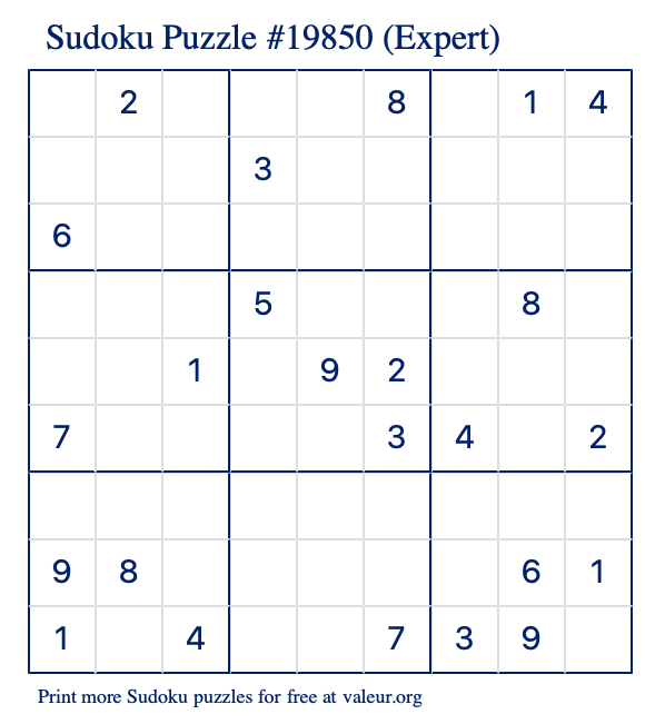 Free Printable Expert Sudoku Puzzle number 19850