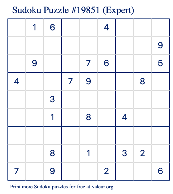 Free Printable Expert Sudoku Puzzle number 19851