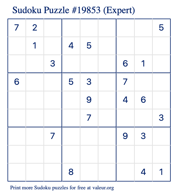 Free Printable Expert Sudoku Puzzle number 19853
