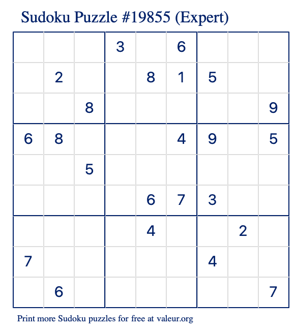 Free Printable Expert Sudoku Puzzle number 19855