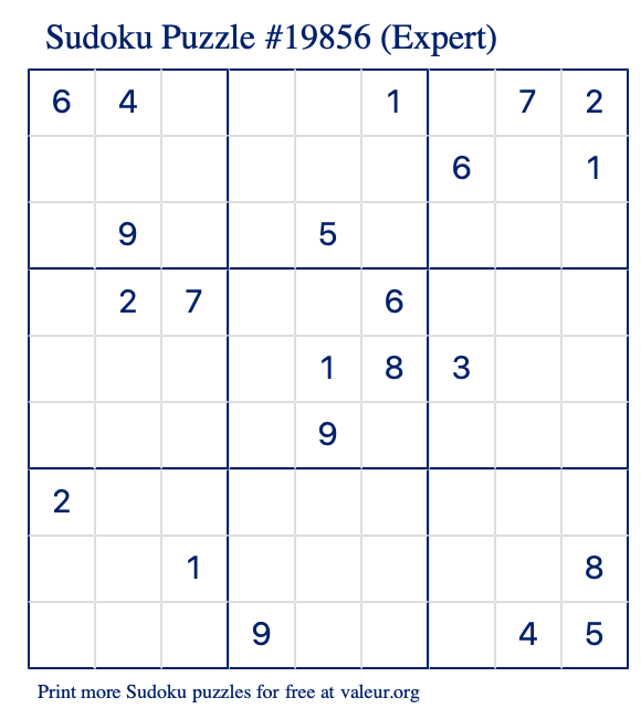 Free Printable Expert Sudoku Puzzle number 19856