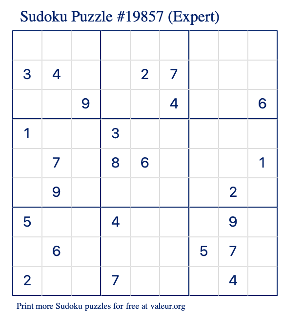 Free Printable Expert Sudoku Puzzle number 19857