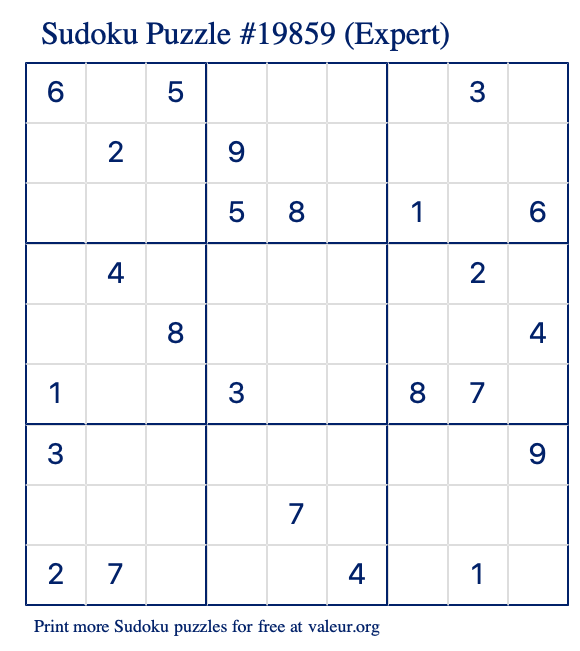 Free Printable Expert Sudoku Puzzle number 19859