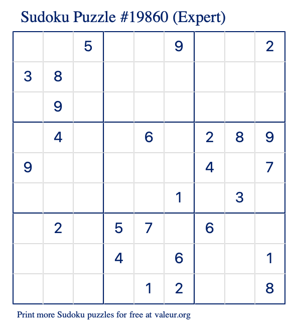 Free Printable Expert Sudoku Puzzle number 19860