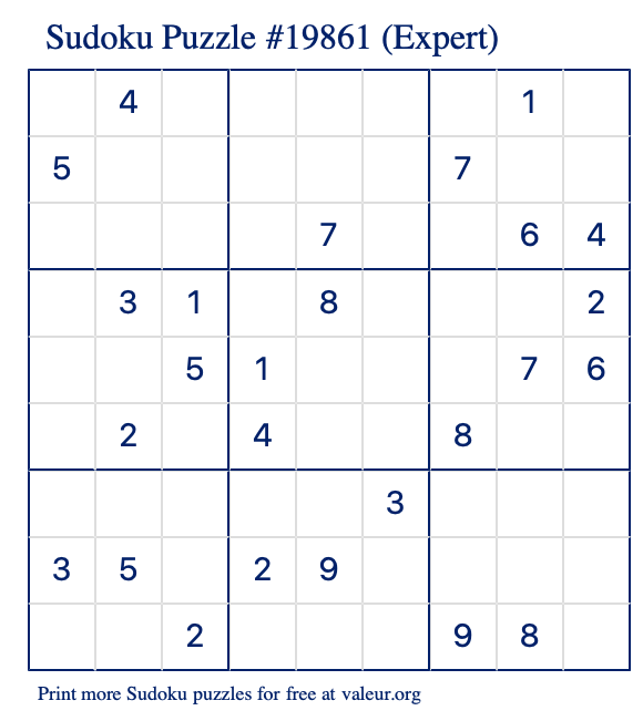 Free Printable Expert Sudoku Puzzle number 19861