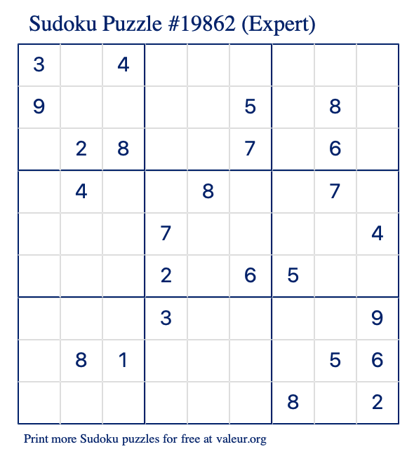 Free Printable Expert Sudoku Puzzle number 19862