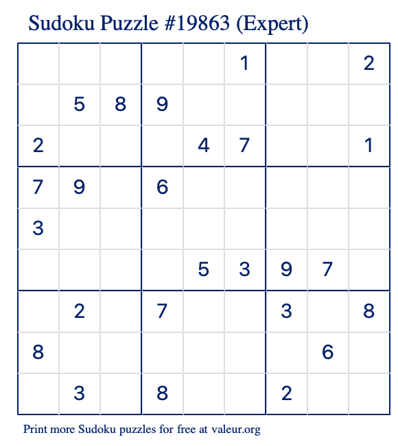Free Printable Expert Sudoku Puzzle number 19863