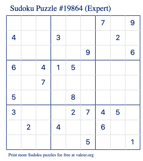 Free Printable Expert Sudoku Puzzle number 19864