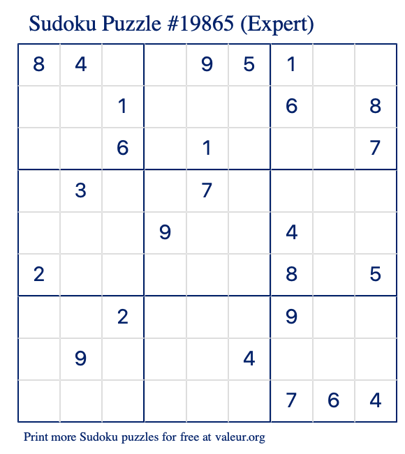 Free Printable Expert Sudoku Puzzle number 19865