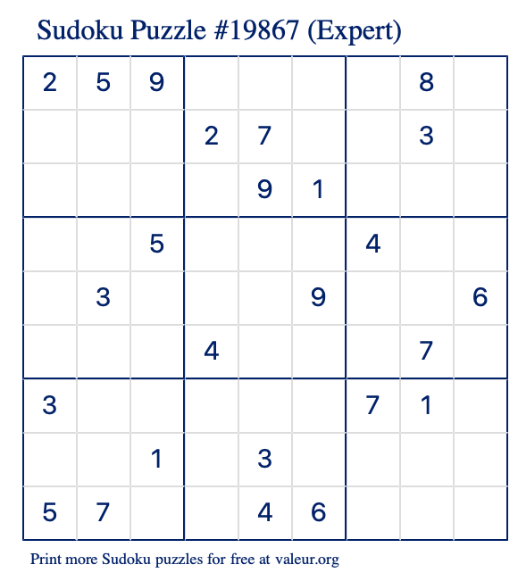 Free Printable Expert Sudoku Puzzle number 19867