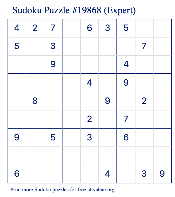 Free Printable Expert Sudoku Puzzle number 19868