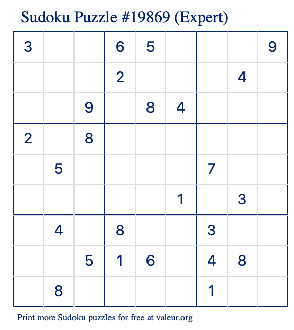 Free Printable Expert Sudoku Puzzle number 19869