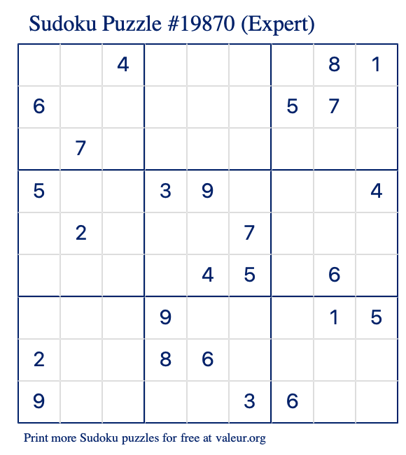Free Printable Expert Sudoku Puzzle number 19870