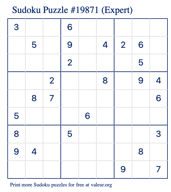 Free Printable Expert Sudoku Puzzle number 19871