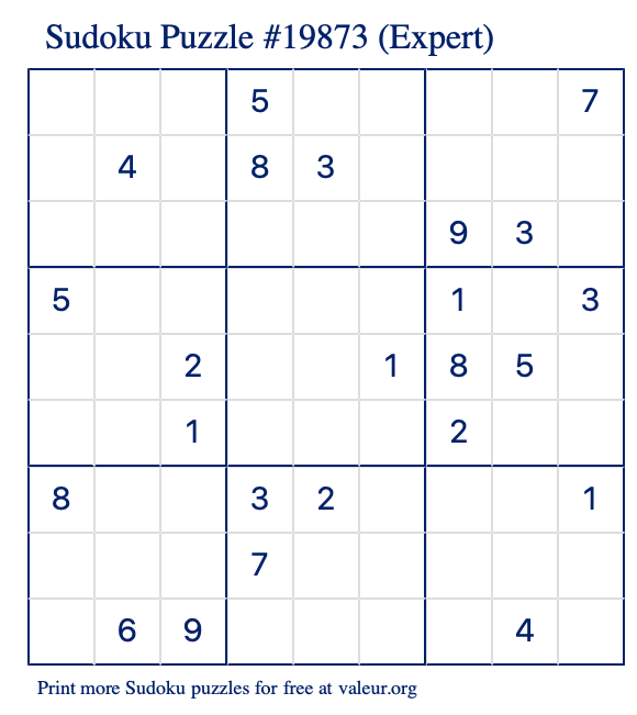 Free Printable Expert Sudoku Puzzle number 19873